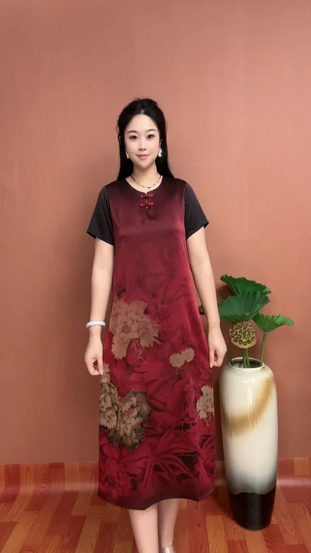 C(深红盘口)夏季简约时尚显瘦气质女装宽松中长款连衣裙