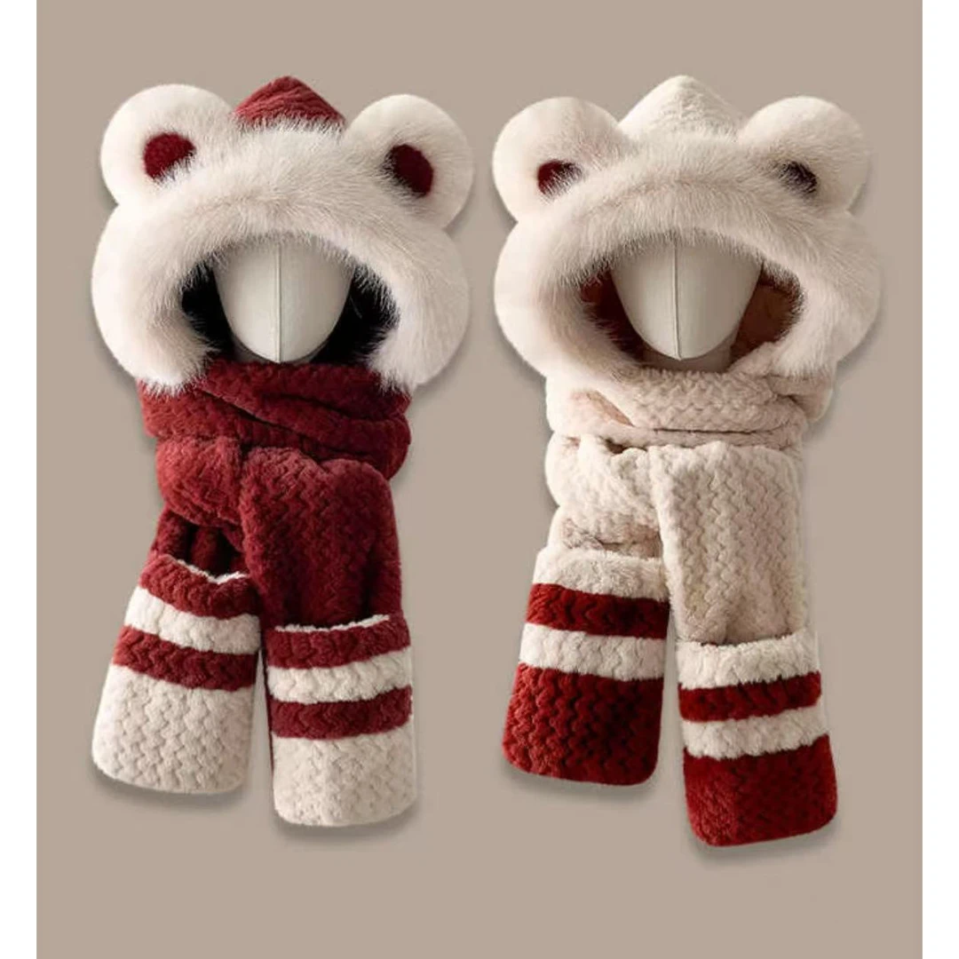 2025新款防寒保暖小熊毛绒帽子围巾手套一体女冬季加厚护耳骑行帽