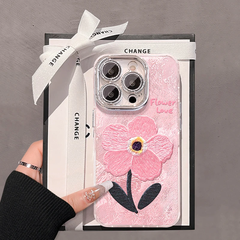 粉色花朵适用苹果iPhone16华为vivo小米oppo精孔冰川纹手机壳