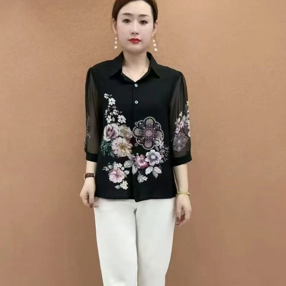 春夏2025新款定位花冰丝衬衫印花妈妈装七分袖宽松上衣时尚女装