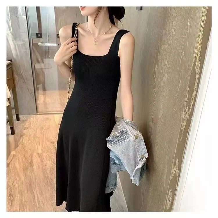 086针织连衣裙女2吊带背心裙新款打底裙收腰显瘦无袖A字法式中裙