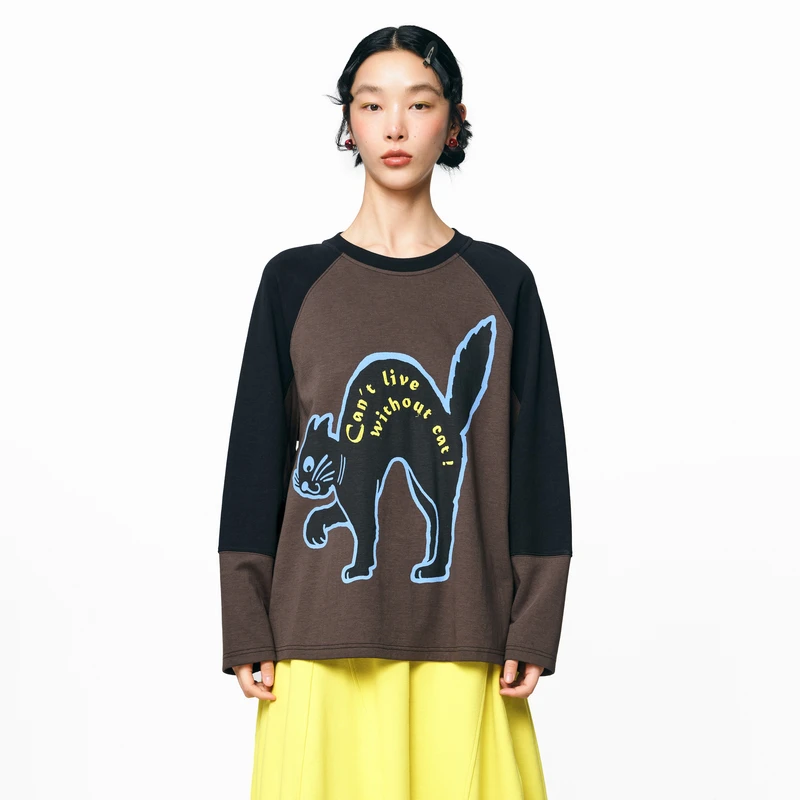 MOVEUP幻走2025秋季新款.FUN 圆领插肩袖绣花短款T恤女3EWQ10568