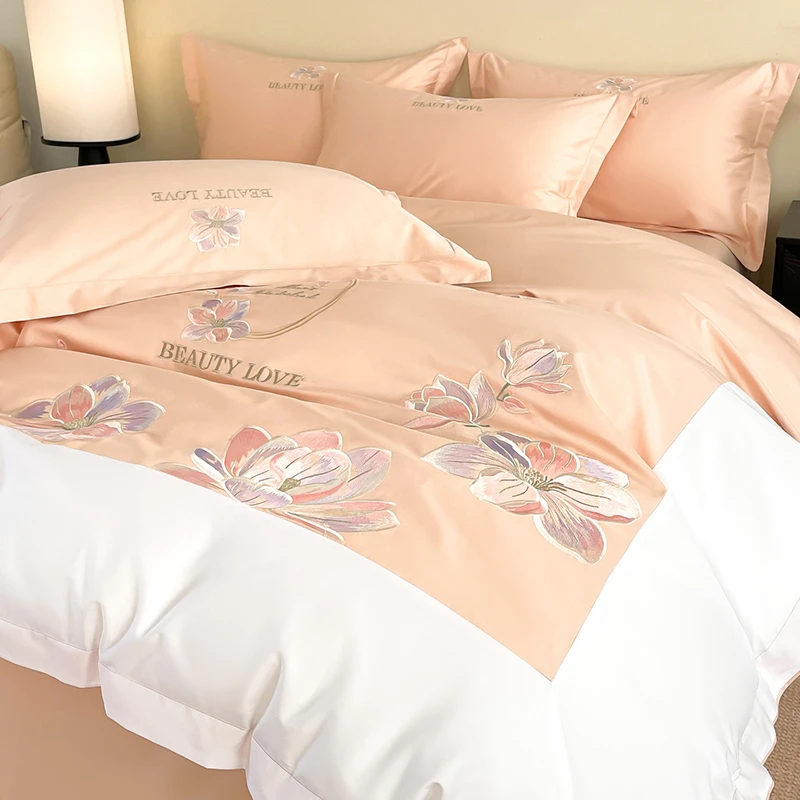 高端轻奢A类长绒棉纯棉四件套全棉花卉刺绣被套床笠裸睡床上用品