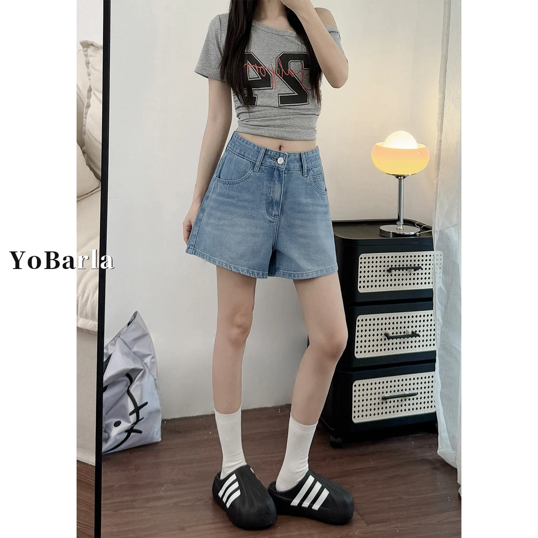 蓝色高腰牛仔短裤女秋冬大码胖mm宽松显瘦梨型身材阔腿a字热裤