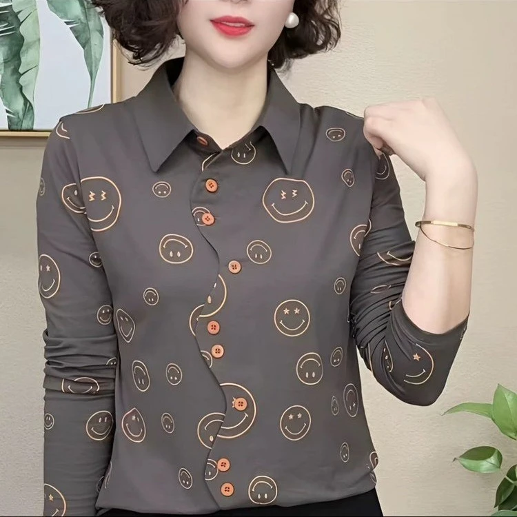 2025春秋气质百搭显瘦新款时尚洋气印花翻领长袖套头女士上衣