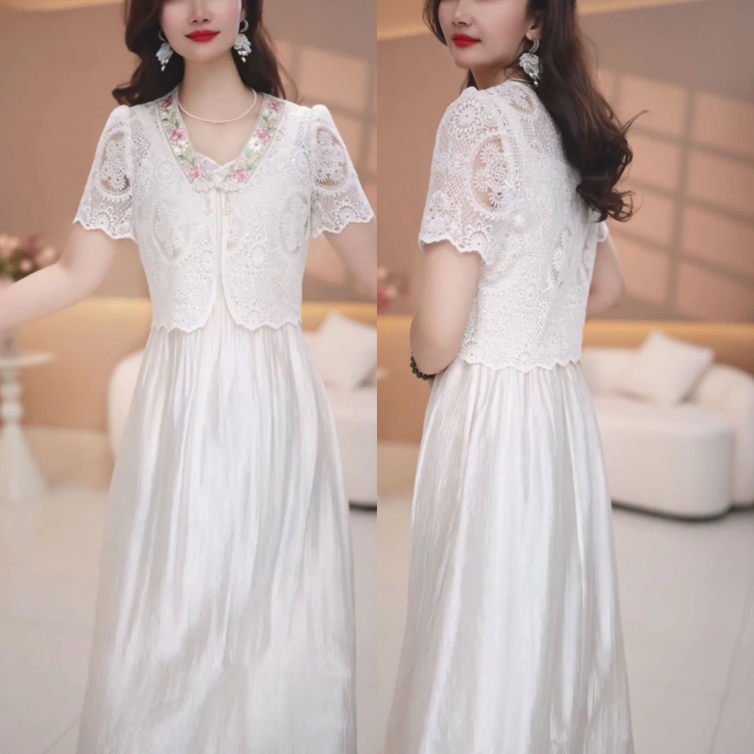 蕾丝拼接外套纯色连衣裙套装2026夏季新款时尚洋气减龄气质两件套