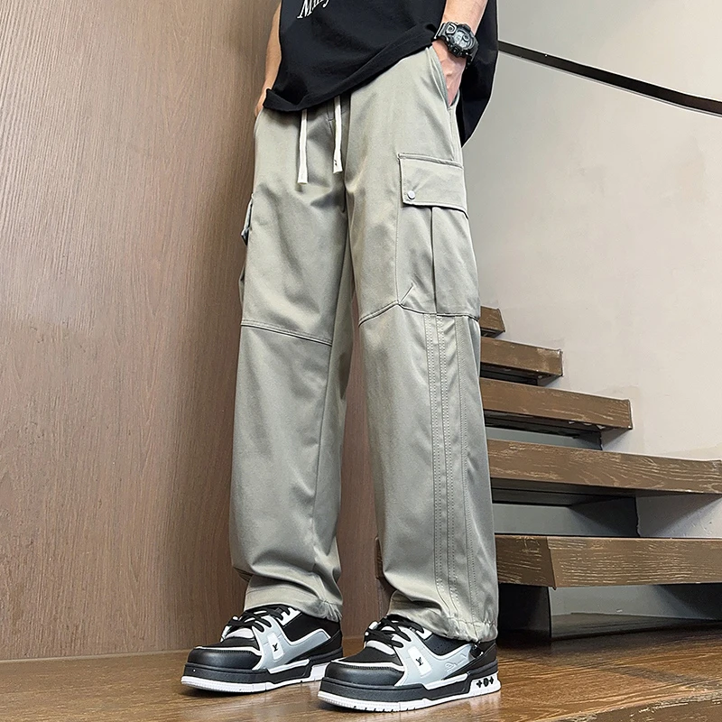 夏季薄款垂感直筒休闲裤冰丝工装裤男美式潮牌高街宽松阔腿长裤子