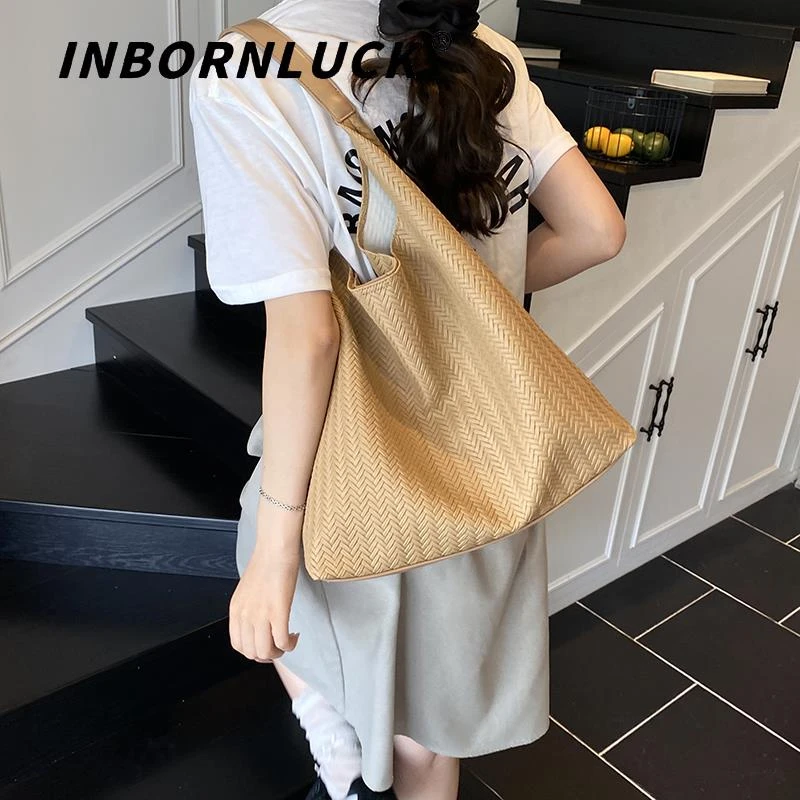 2025年时尚潮流韩系新品休闲编织纹大容量托特包包女上班通勤