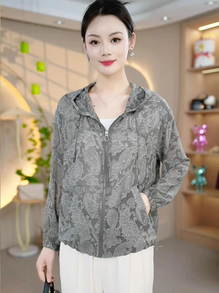 连帽厚款时尚常规薄款中老年女装大码防晒服宽松夹克