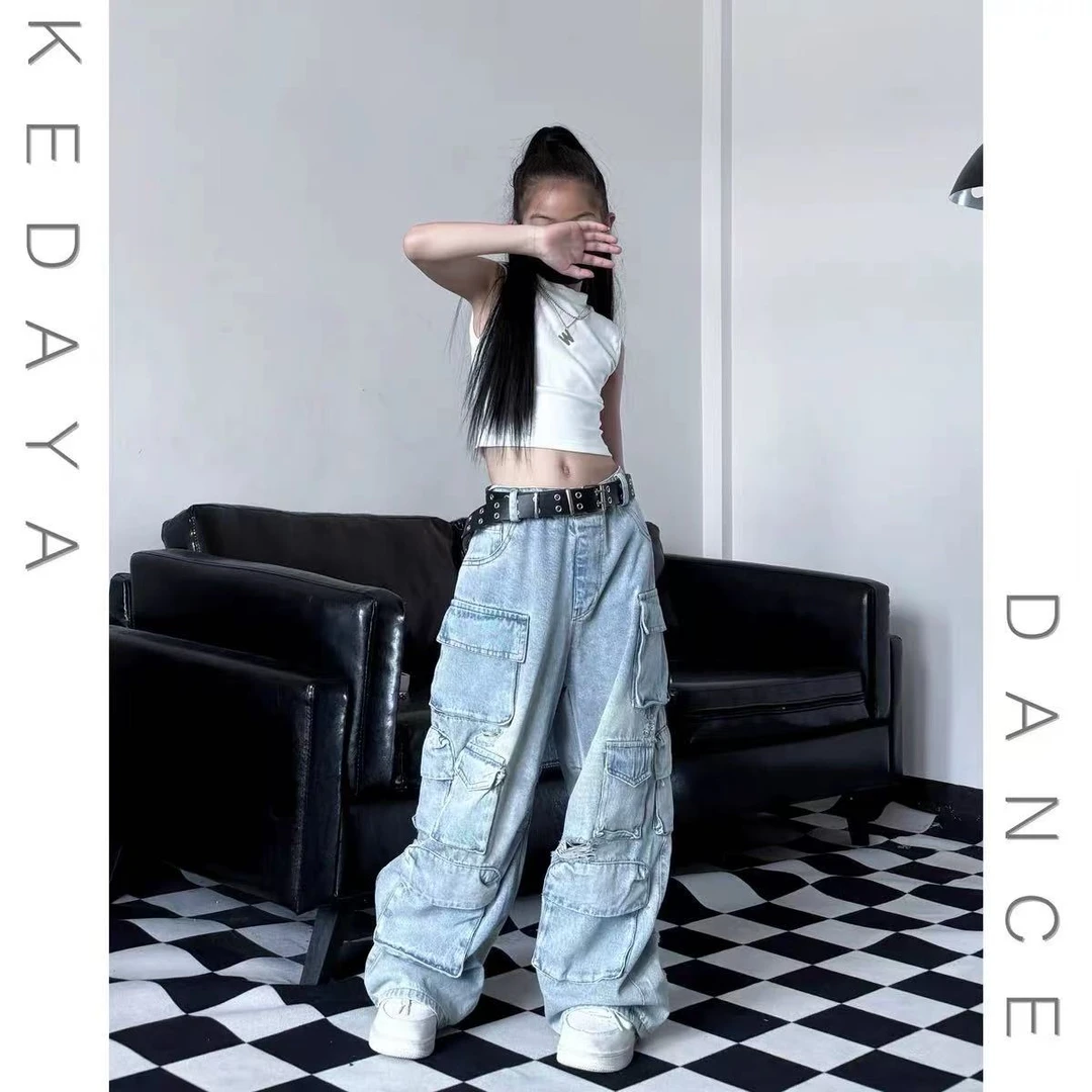 505422 韩版女童男童新款破洞夏款时尚儿童洋气百搭休闲牛仔长裤