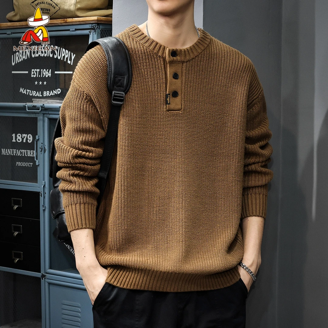 Mexican/稻草人美式复古亨利领毛衣男款秋冬宽松休闲针织打底上衣