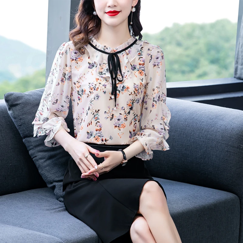 印花雪纺衫女2025秋款七分袖显瘦遮肚减龄洋气时尚气质碎花上衣