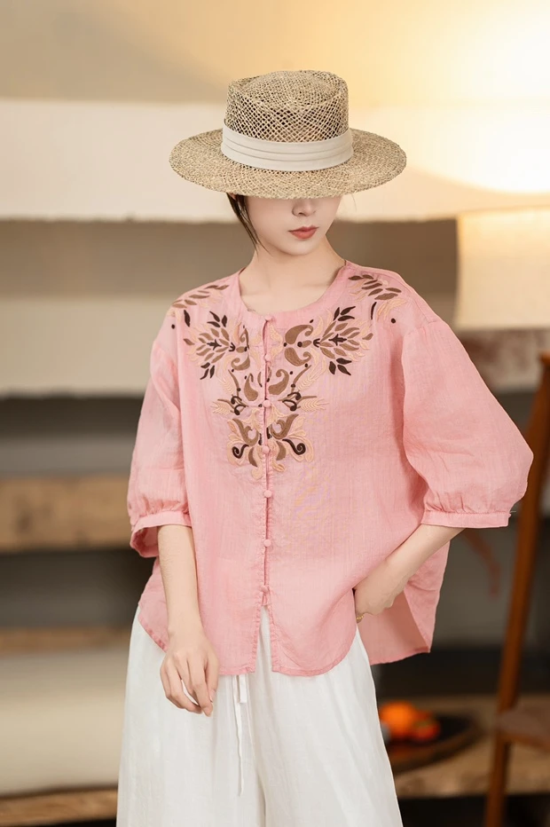 新中式文艺宽松苎麻小衫刺绣圆领夏季短袖上衣8618 胸110长58