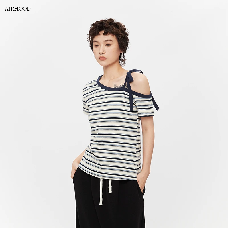 AIRHOOD 夏季性感露肩设计条纹辣妹短袖T恤修身显瘦上衣女N5288