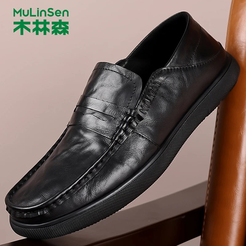 木林森2025豆豆休闲皮鞋男软底软面头层牛皮轻便时尚典雅防滑休闲