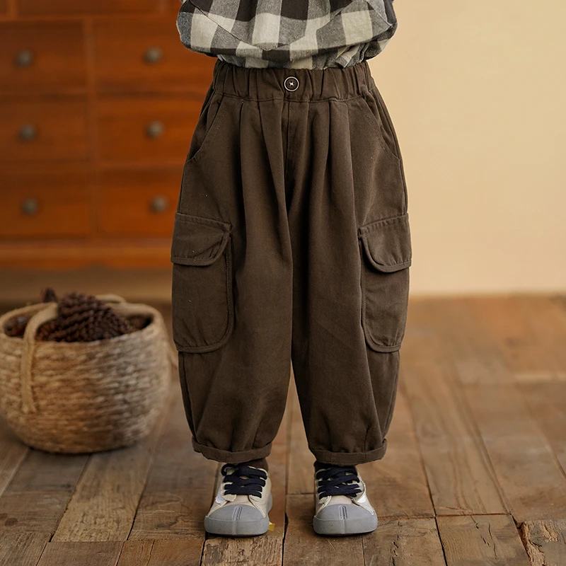 砚台家日系儿童工装裤男童萝卜裤中小童休闲长裤男宝秋季咖色