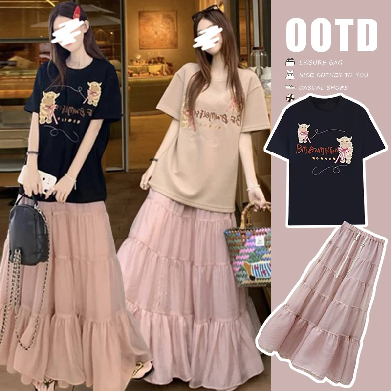 孕妇半身裙夏季套装2025新款时尚宽松T恤气质孕妈高级穿搭两件套