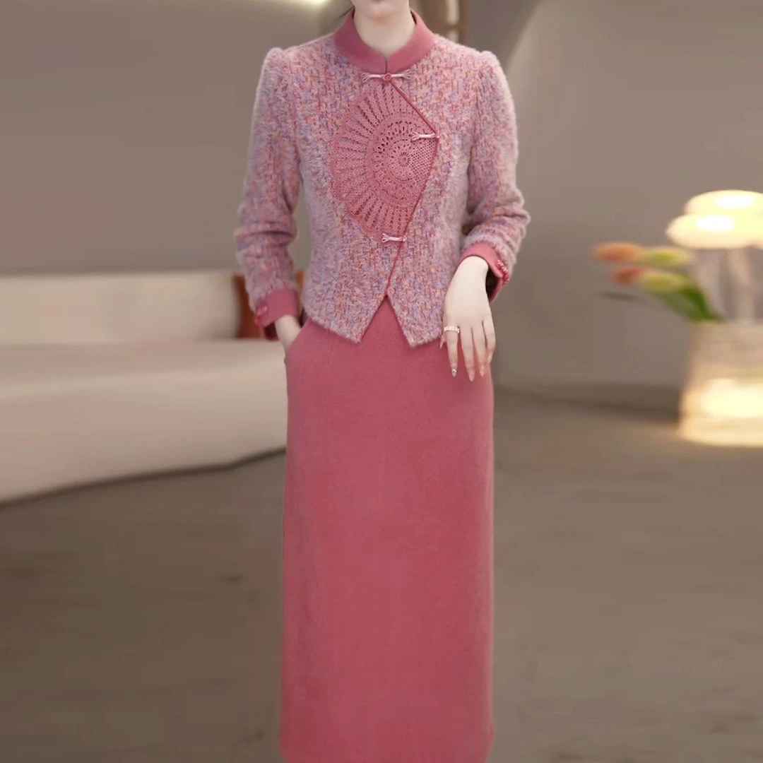 高级雪花绒洋气时髦优雅俩件套2025秋季新款中年妈妈连衣裙套装