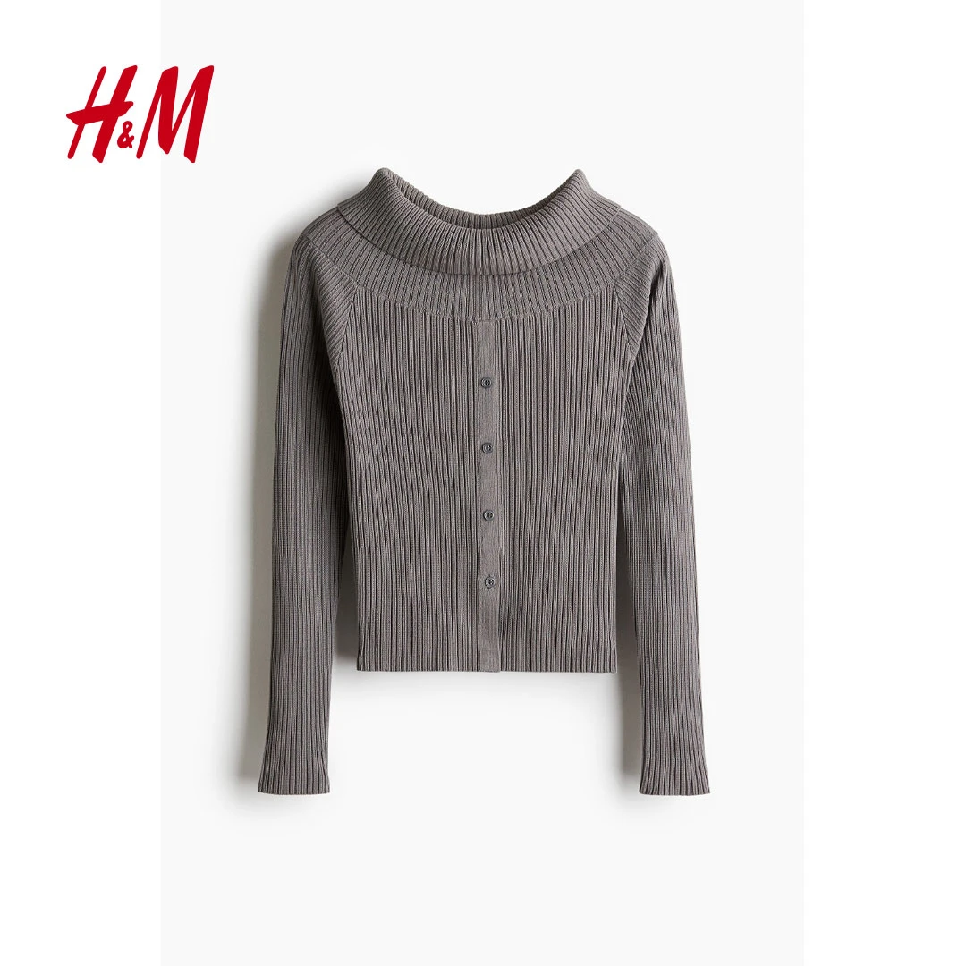 HM女装2025春新款简约罗纹针织温柔知性修身百搭露肩上衣1282997