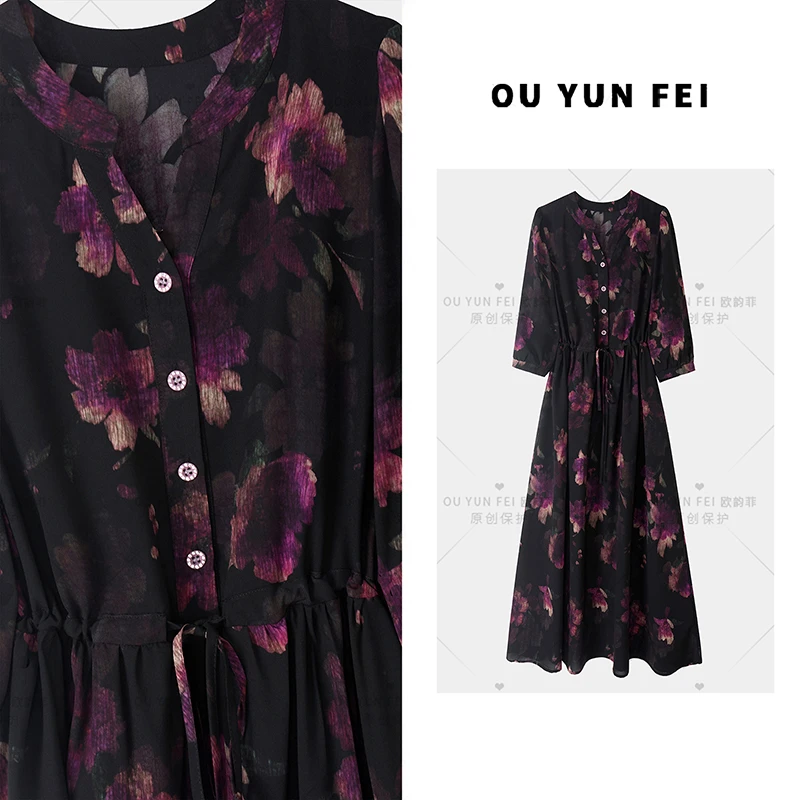 【夜宴繁花】薄款中腰气质显瘦短裙碎花连衣裙风印花裙子YZH1105