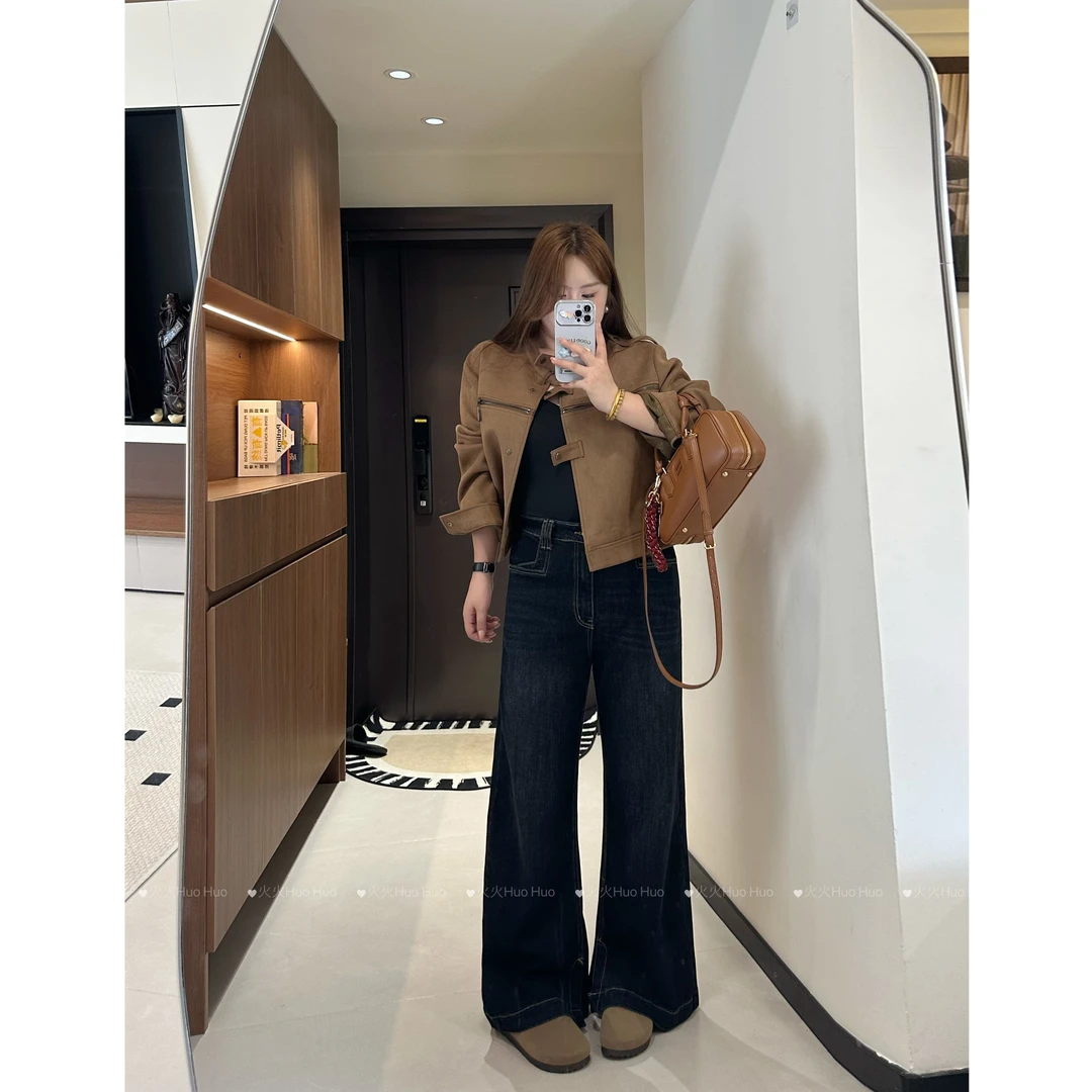 【火火】7005#黑美式复古高腰不贴腿窄版牛仔裤女新款大码直筒微喇