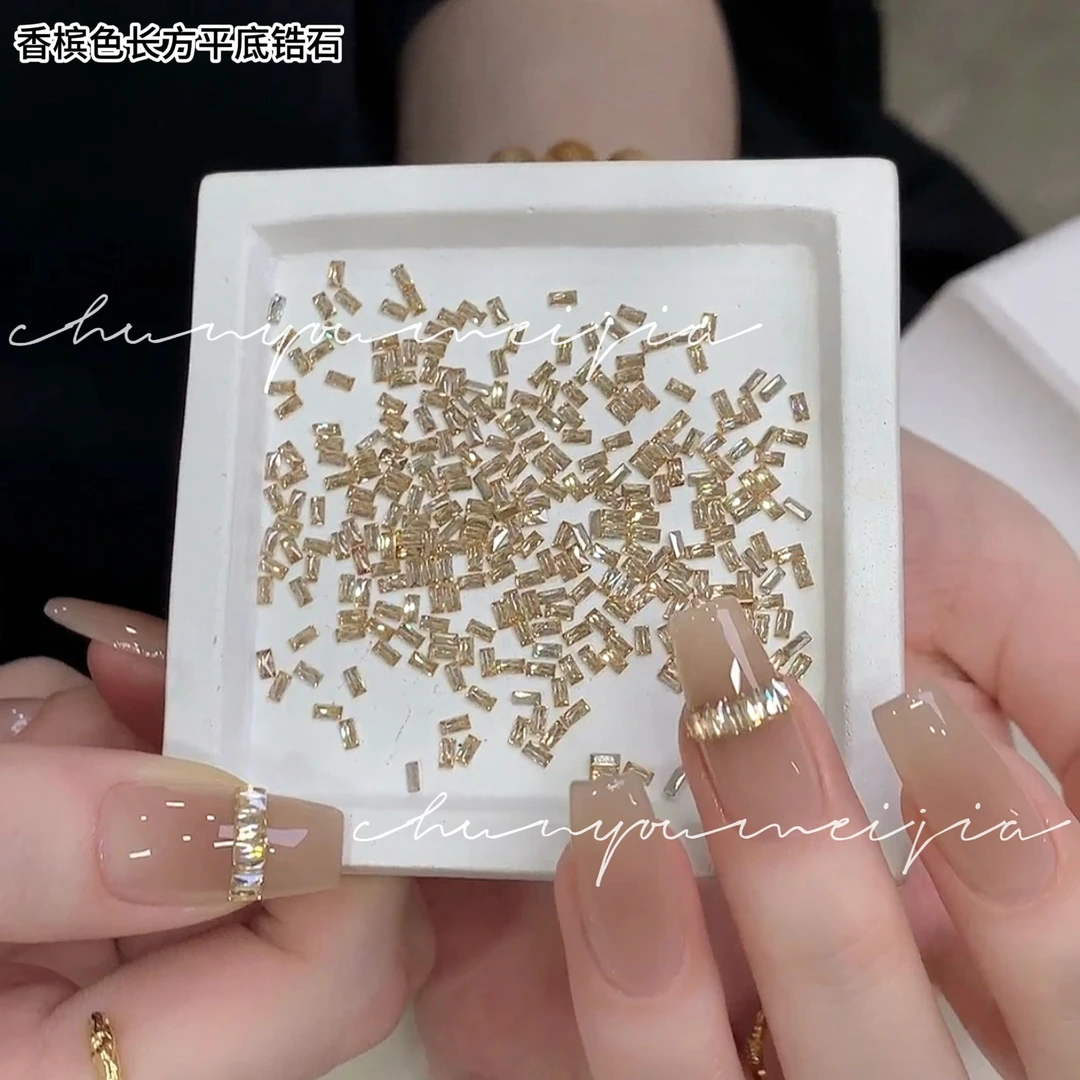 美甲饰品5A锆石高闪香槟平底倒边长方锆石高品质美甲锆石1.5*3mm