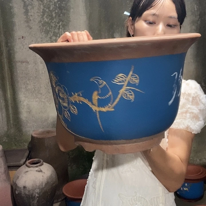 紫砂花盆25描金金钟喜上枝头