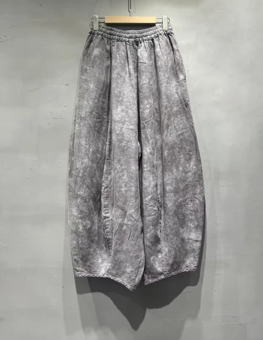 砂细亚麻/植物扎染（八片扎色花苞）长裤1076