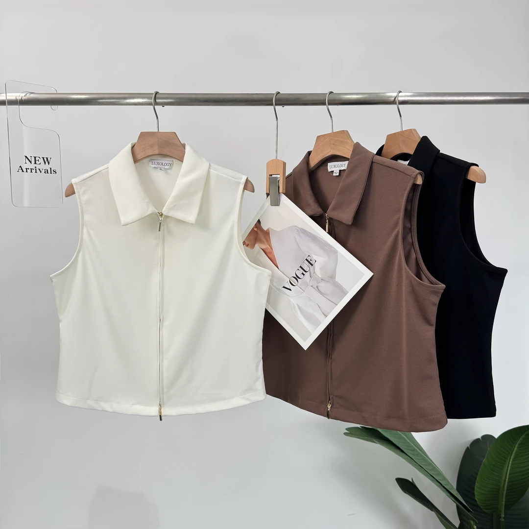 B532新爆款时尚拉链简约宽松型复古翻领女马甲无袖白色设计感气质