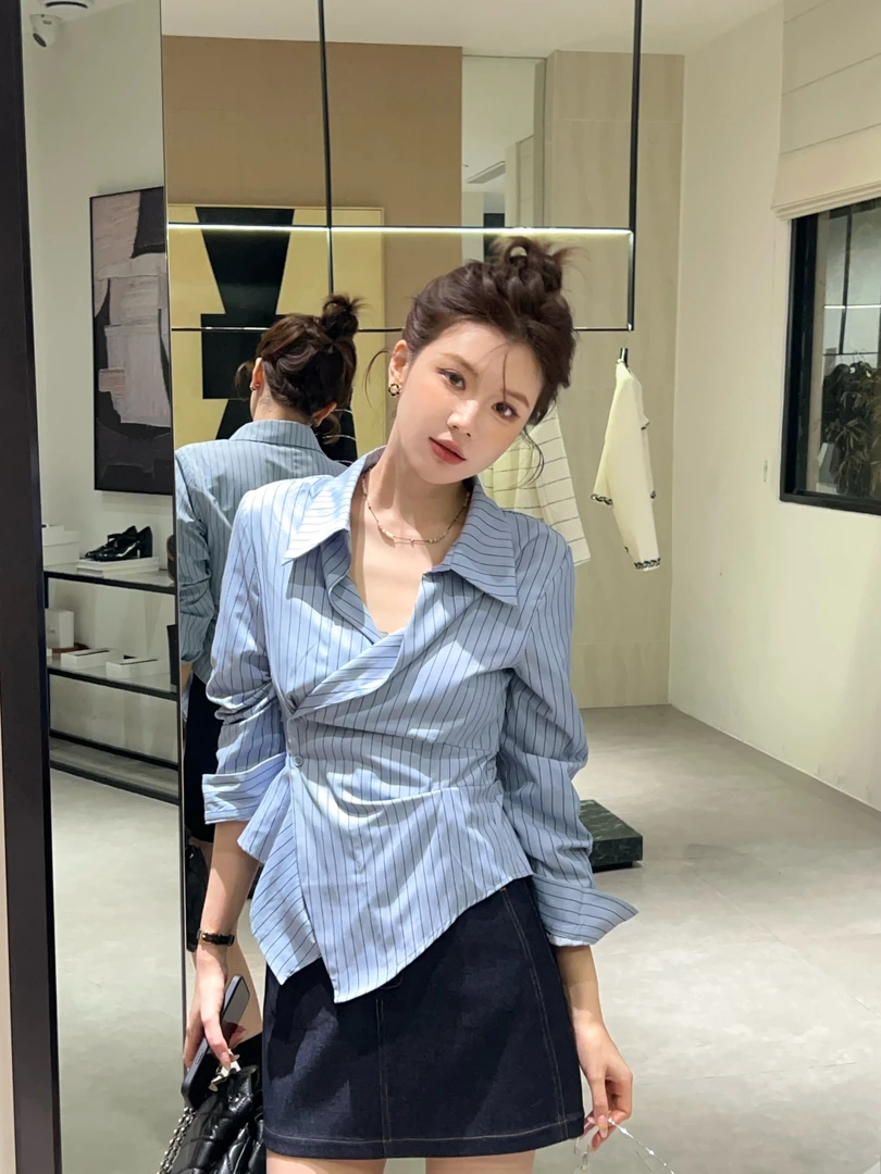 【芝士Cheese】条纹美学  长袖蓝色时尚休闲女士翻领竖条纹衬衣