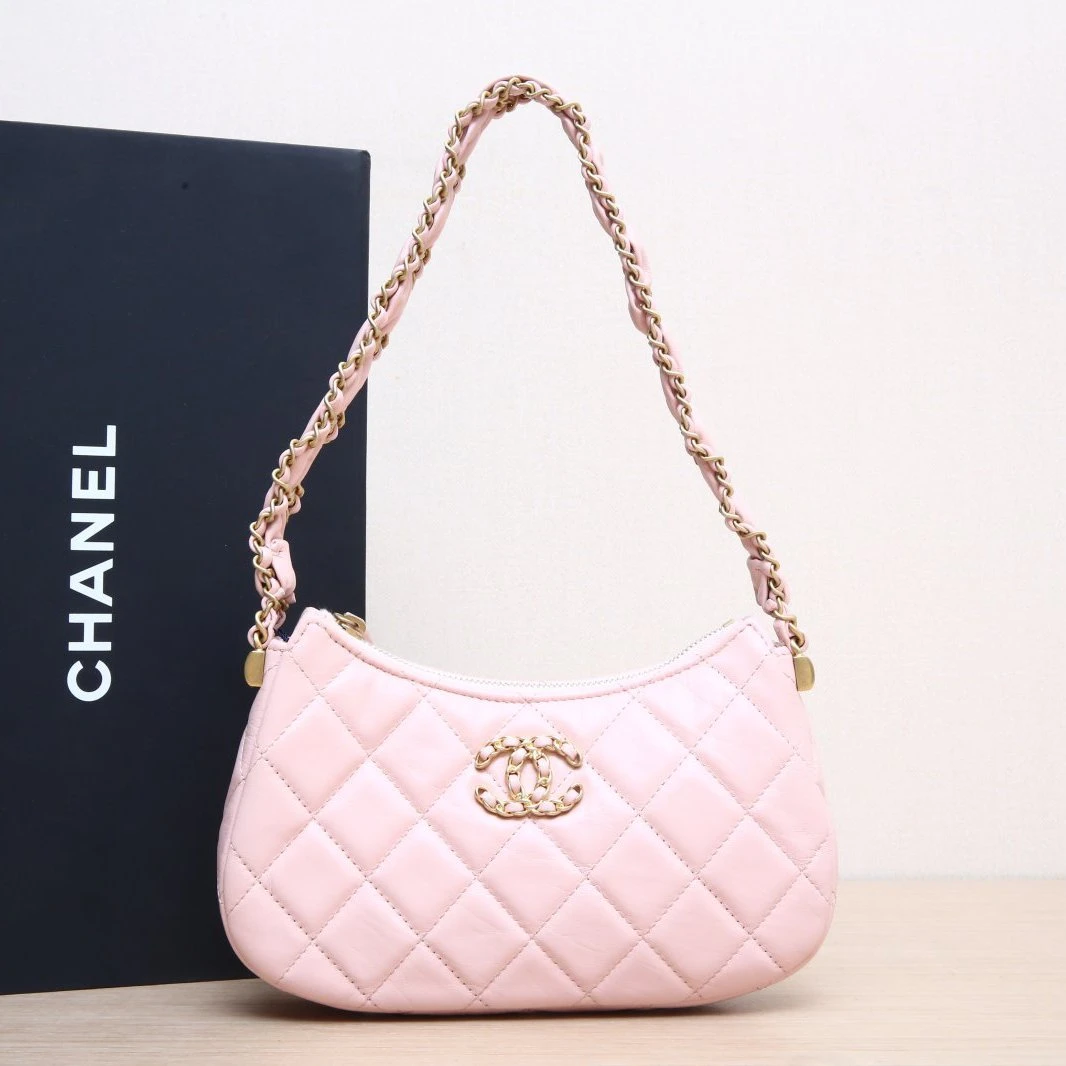 95新 Chanel/香奈儿 【小花Han】23K Hobo 腋下小号 粉色 镭射标 包