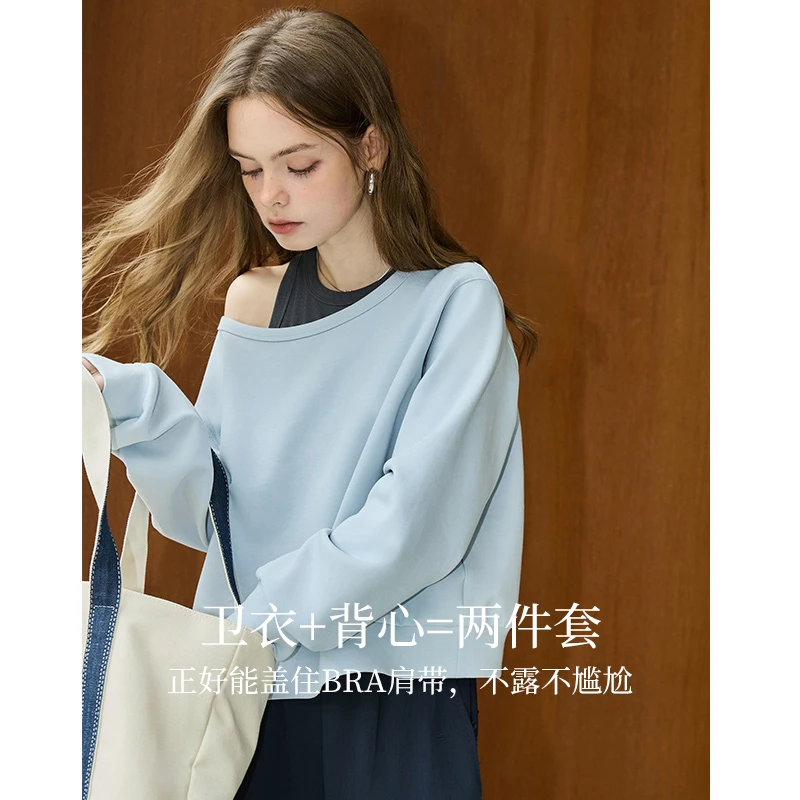 库恩玛维辣妹甜飒风斜领露肩卫衣女2025早春新款假两件设计感上衣