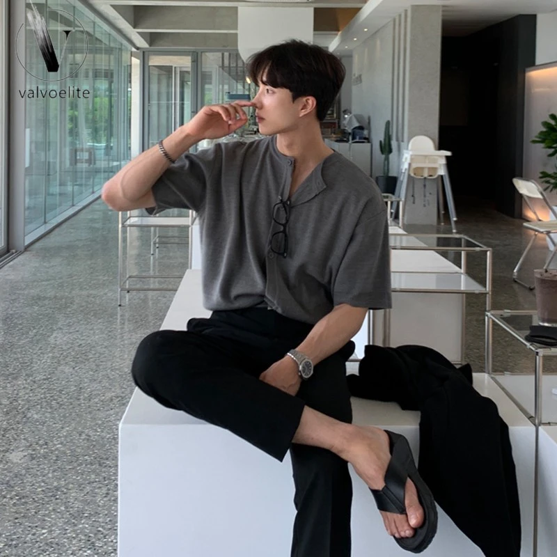 VALVOELITE夏季短袖针织衫男轻熟风韩版休闲宽松纯色圆领半袖开衫