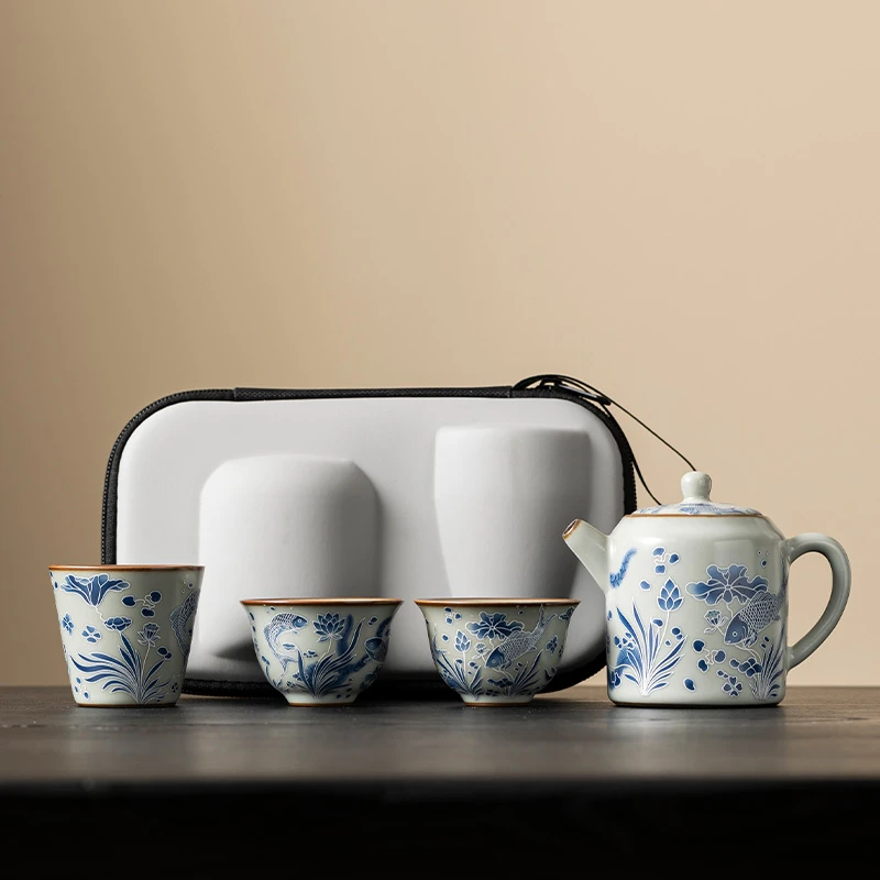 汝窑旅行茶具套装高档2025新款一壶三杯旅行装带收纳包便捷式出差