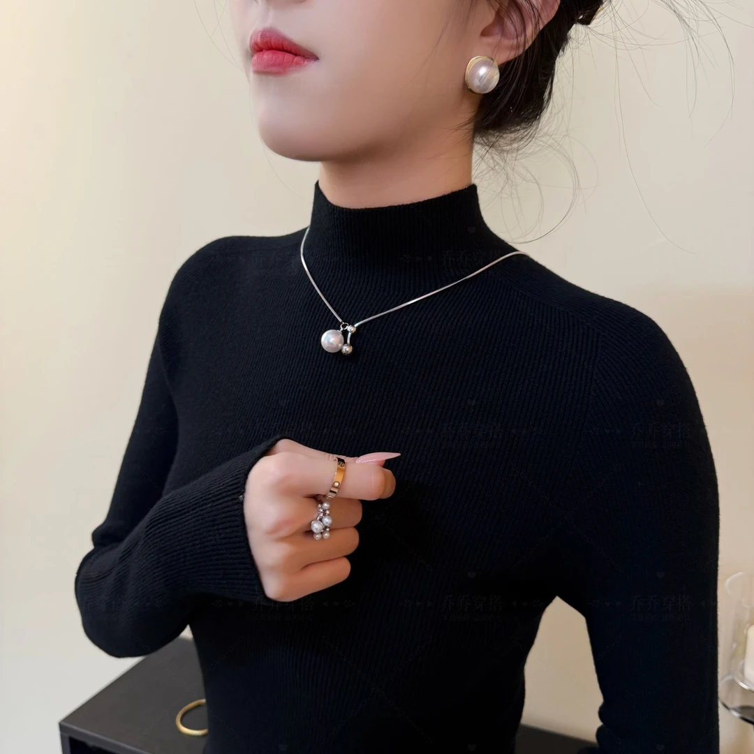 2025新款秋装女装爆款黑色内搭女上衣修身显瘦羊毛打底衫洋气毛衣