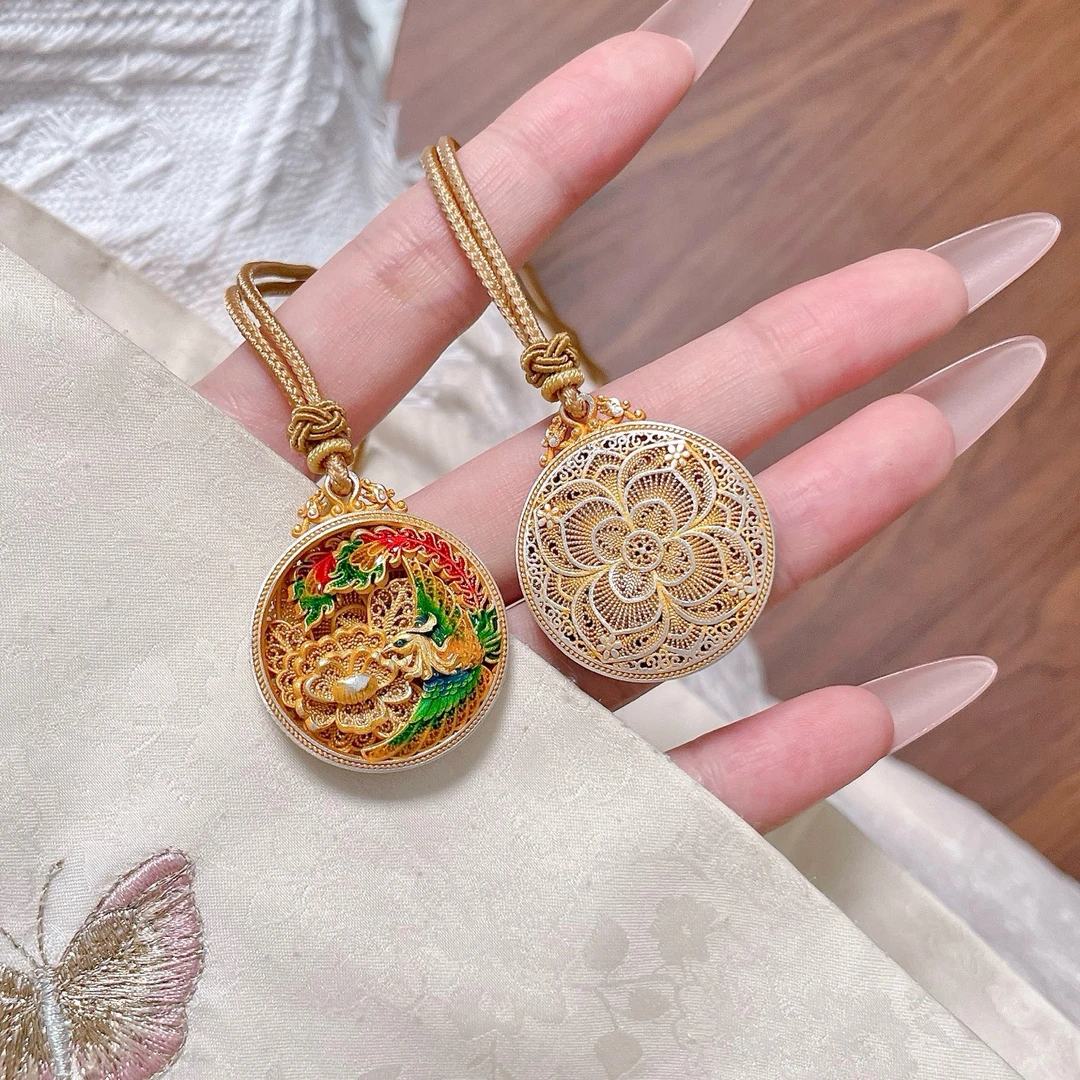 吊坠足银珐琅 足银999.9描金珐琅凤穿牡丹平安扣套链约17.3g百搭