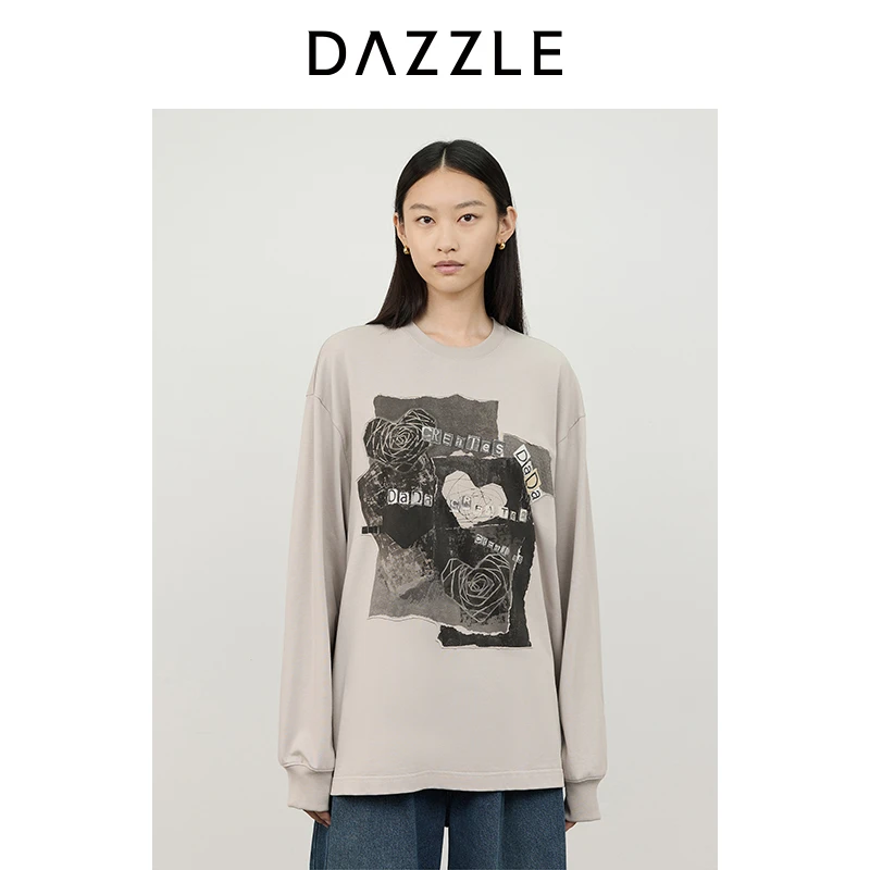 DAZZLE地素奥莱 T恤2024冬季新款女装重工长袖大T恤2I4B536