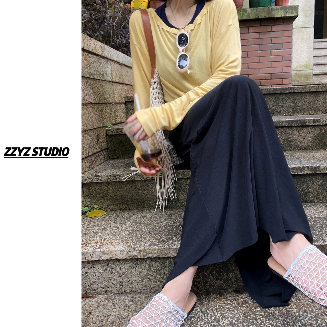 【ZZYZ】“松驰呼吸”95莱赛尔拼色假两件挂脖打结长袖上衣