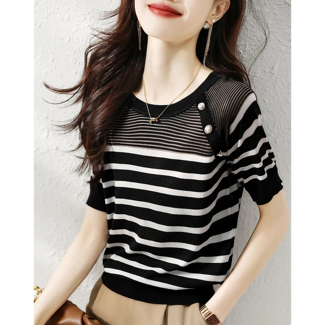黑白条纹短袖针织衫夏季新款减龄显瘦弹力圆领韩版套头打底衫T恤