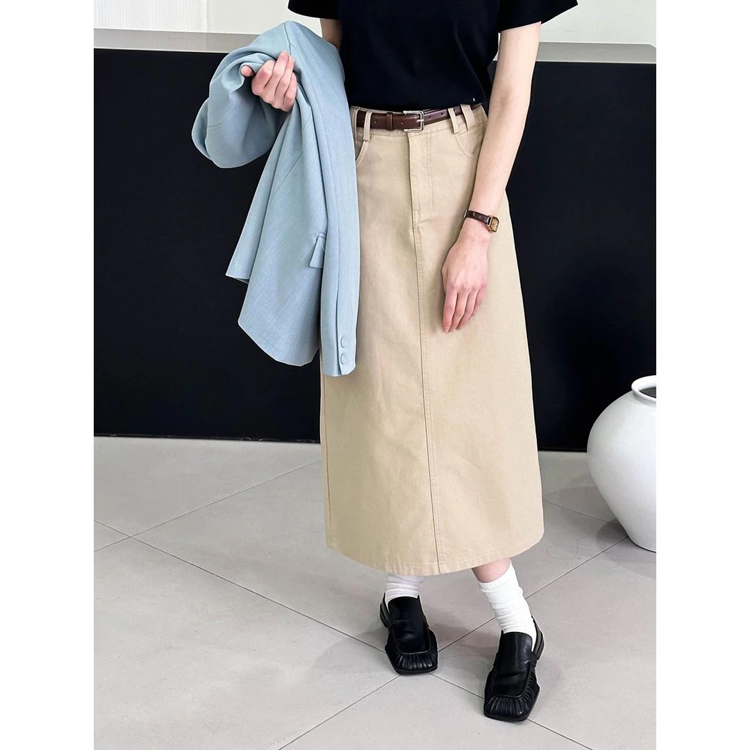 卡其色高腰a字后开叉牛仔半身裙女古着vintage超火半裙艺术生裙子