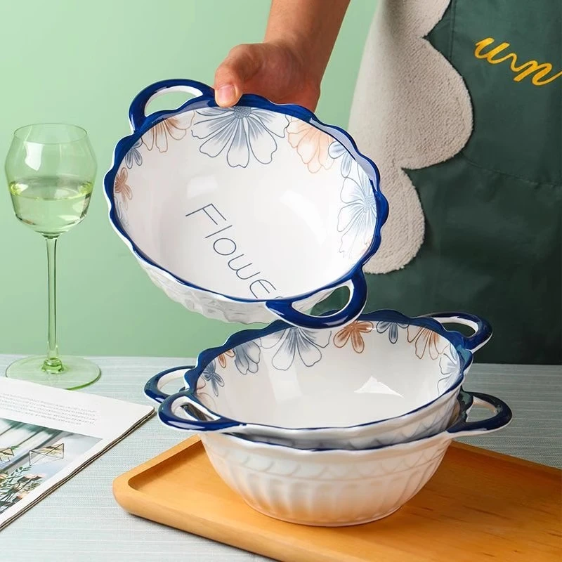 2个装10英寸陶瓷双耳碗大汤碗大碗沙拉碗釉下彩创意家用碗