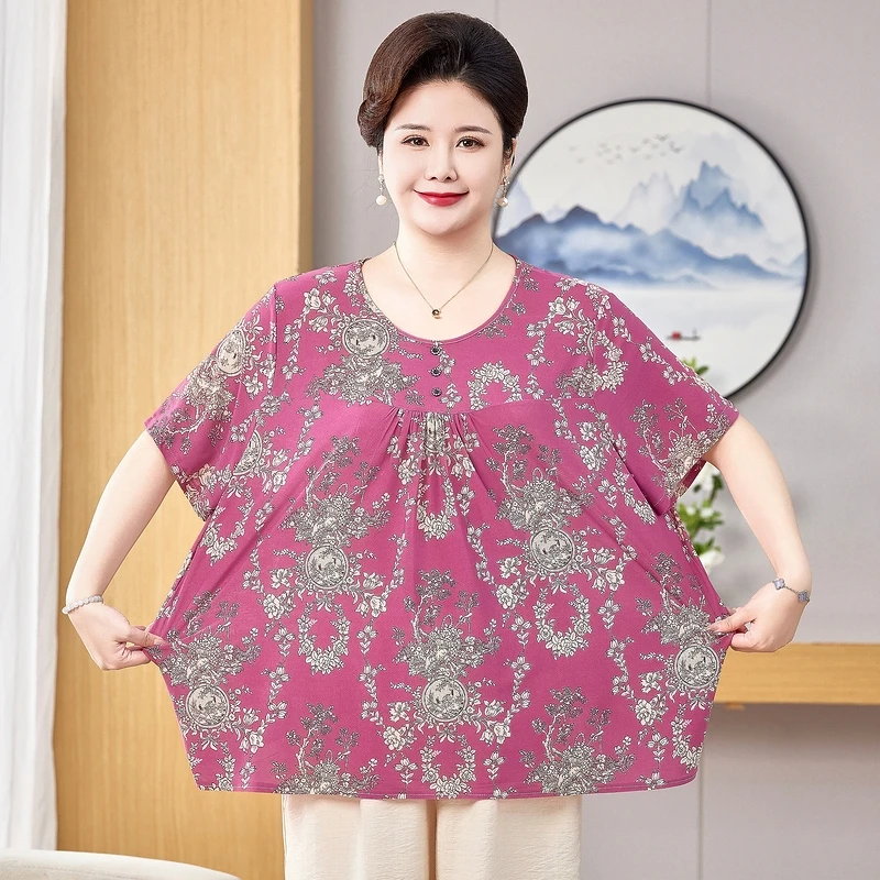 120-240斤中老年女装中年夏季印花衬衫老年人加大码