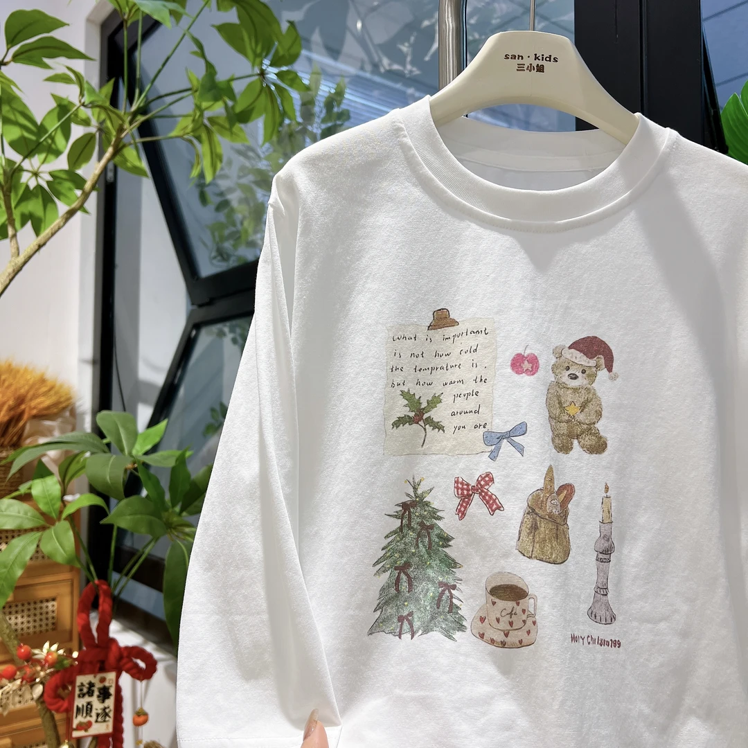 【百搭T】8060（白色）上衣 女童简约百搭 可爱卡通圣诞小熊T 上衣