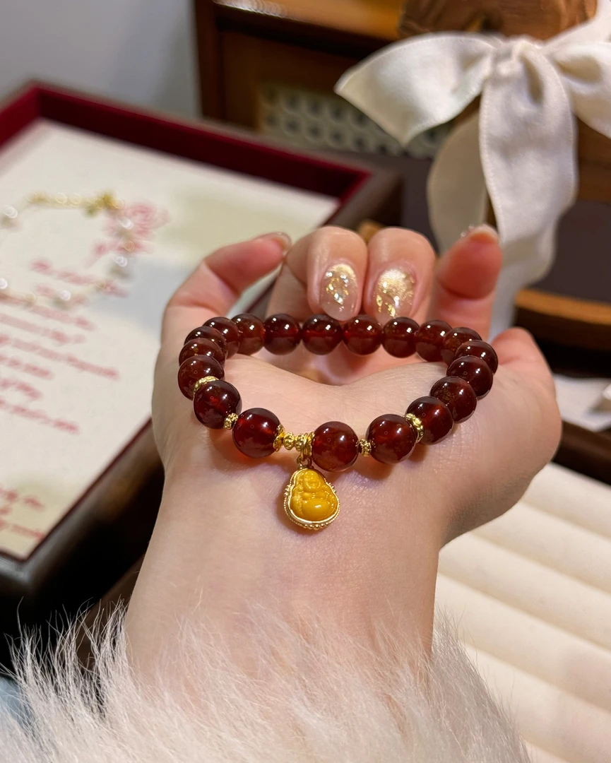 D58《芬达橙红石榴石》橙石榴石蜜蜡佛公925银手串