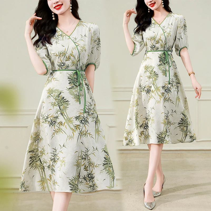 夏款法式收腰印花连衣裙碎花时尚显瘦中长款系带遮a字裙子964#