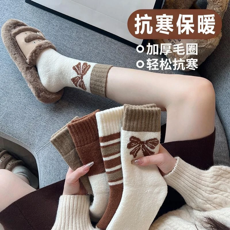 学院风冬季提花中筒袜秋季条纹厚款长筒袜保暖复古风蝴蝶结月子袜