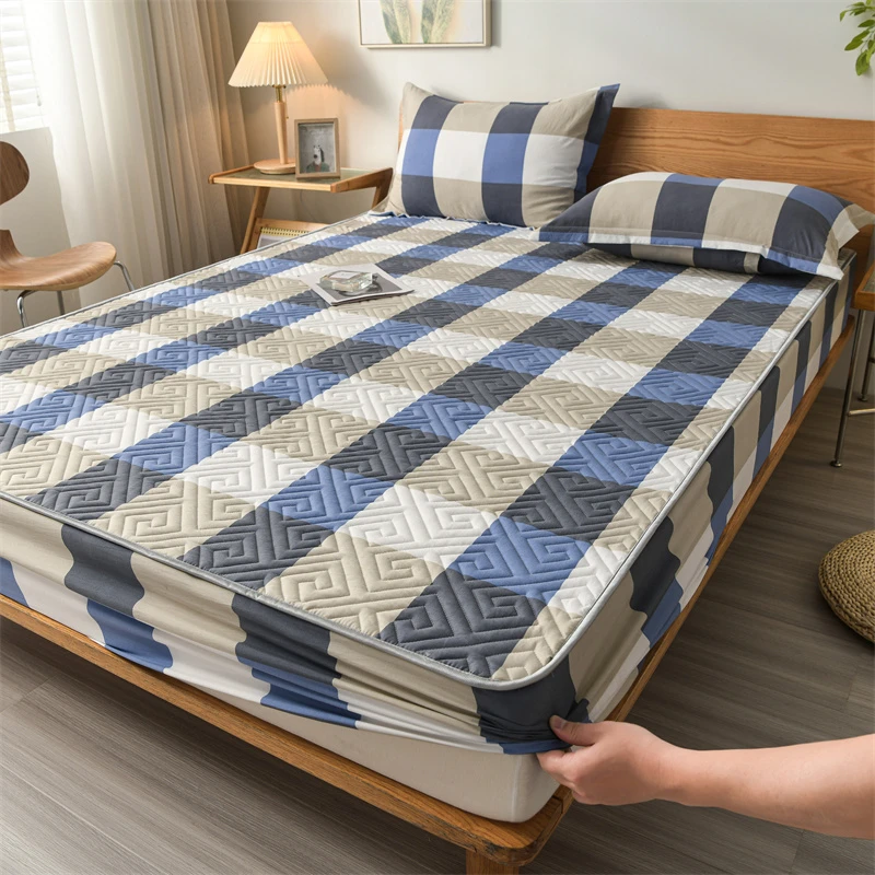 2025新款水洗棉夹棉床笠原棉加厚席梦思床垫保护套格子床罩防滑