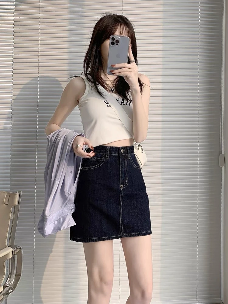 深蓝小个子半身裙新款高腰a字包臀百搭牛仔短裙不规则短款