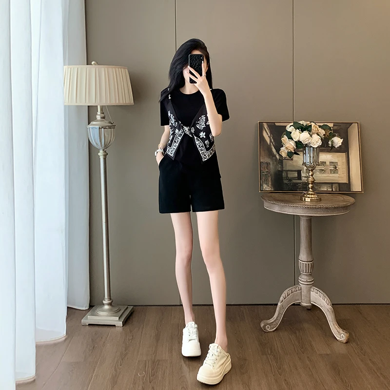 2025夏装一整套又酷又飒的通勤韩系穿搭气质假两件上衣短裤套装女