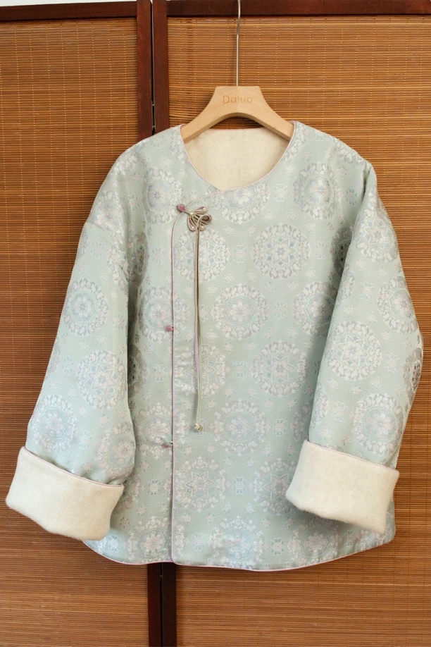 双面双穿45姆米冰淇淋宝相花侧开襟百搭羊毛呢圆领新中式国风外套